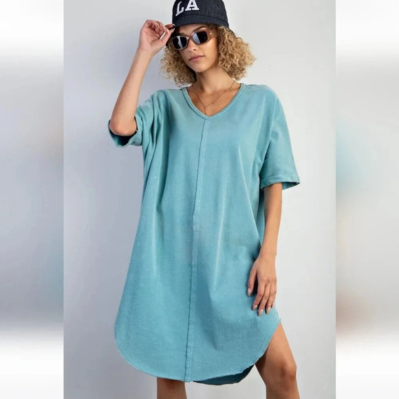 New! Easel Blue Mineral Washed Terry Knit Tunic T-shirt Dress - Picture 2 of 6